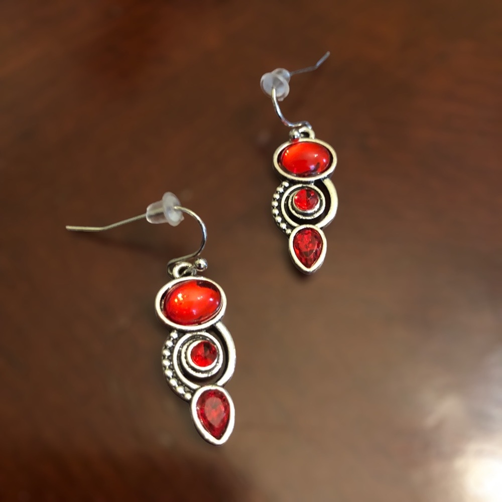 Yaomiao Crystal Dangle Oval/Circle/Water Drop Earrings Women's Red/Silver - Picture 5 of 6